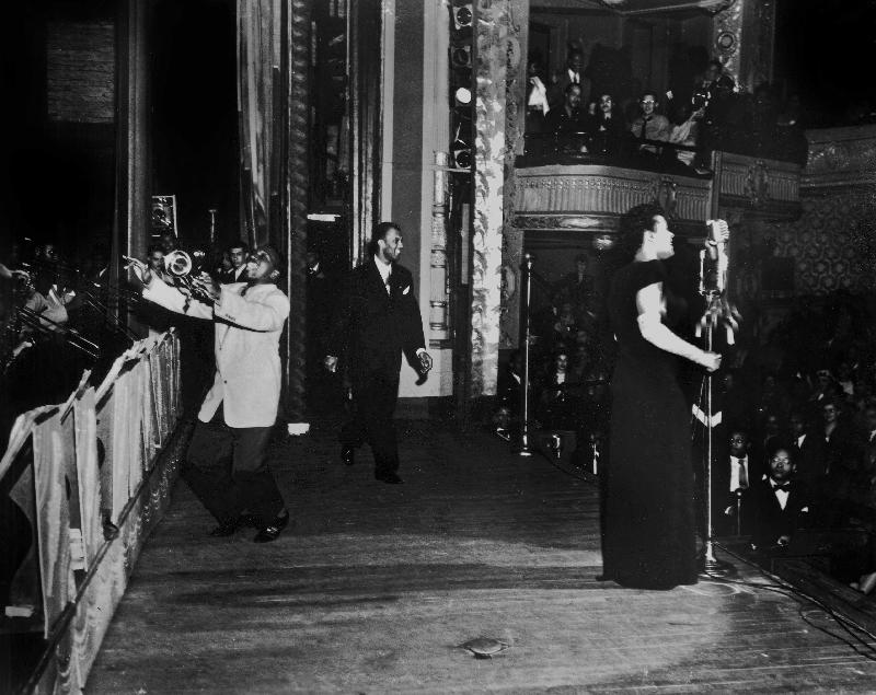 jazz and blues Singer Billie Holiday with bluesmen Hot Lips Page and Jimmie Evans at Apollo Theatre  a 