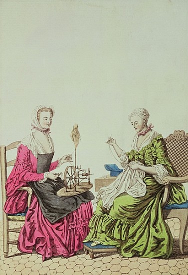 Ladies spinning and sewing, c.1765 a 