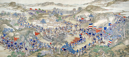 Large Handscroll Painted In Ink And Colours On Silk Depicting A Battle Scene a 