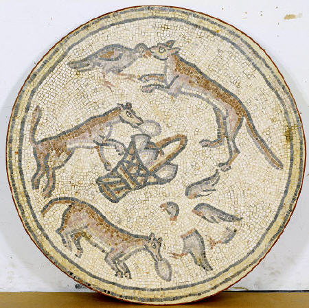 Late Roman / Byzantine Mosaic Roundel Depicting Foxes And A Basket Of Eggs a 