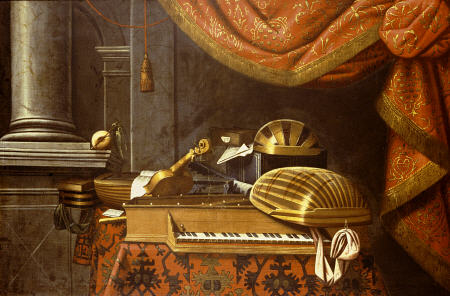 Lutes With A Clavichord On A Table, A Red Curtain Above a 