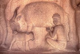 Milking the Cow, Krishnmandapam, 5th century (carved granite) 