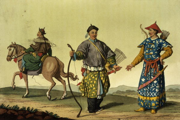 Mongolian Eight Flags soldiers from Ching's military forces, engraved by R. Rancati (colour engravin a 