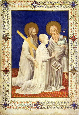 MS 11060-11061 John, Duc de Berry on his knees between St. Andrew and St. John, French, by Jacquemar a 
