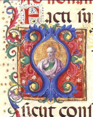 Ms 542 f.18v Historiated initial 'I' depicting a male saint from a psalter written by Don Appiano fr a 