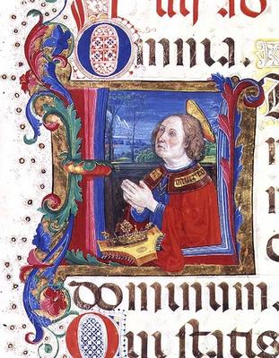 Ms 542 f.60r Historiated initial 'U' depicting King David praying from a psalter written by Don Appi a 