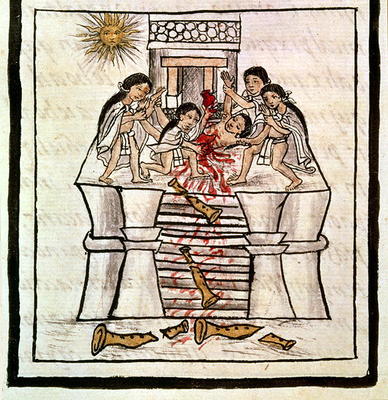 Ms Laur. Med. Palat. 218 f.84v Human sacrifice at the temple of Tezcatlipoca from a history of the A a 