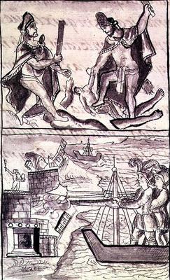 Ms Laur. Med. Palat. 220 f.471 (TtoB) Quauhtenco and Mayenatzin punishing traitors; the Spanish flee a 