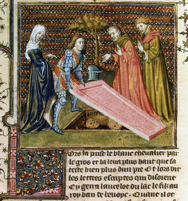 Ms.Fr.118 f.190 Lancelot lifts the stone off his own predestined grave and learns his name and paren a 