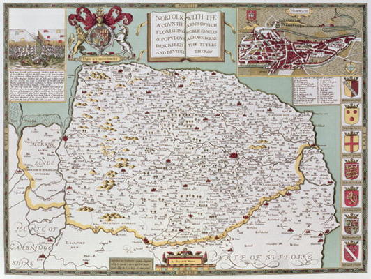 Norfolk, engraved by Jodocus Hondius (1563-1612) from John Speed's 'Theatre of the Empire of Great B a 