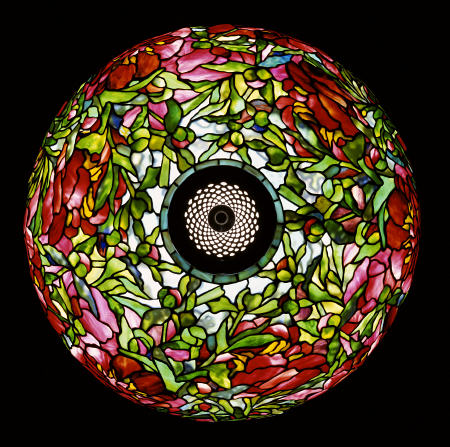 Overhead Detail From An Important Elaborate ''Peony'' Leaded Glass And Bronze Table Lamp a 