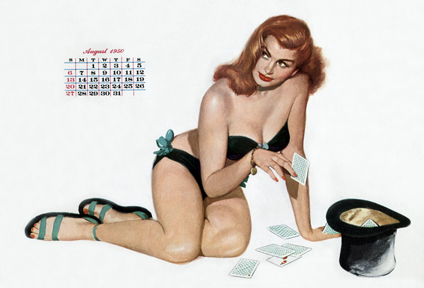 Pin up taking cards in a top hat, from Esquire Girl calendar a 