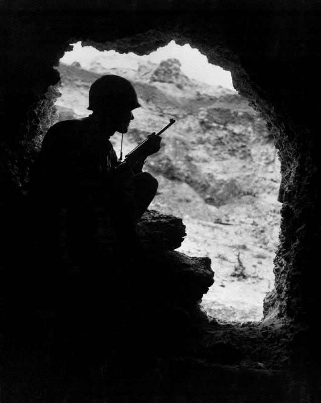 Pacific Front during Okinawa battle: US Marines sights on a Japanese Sniper a 