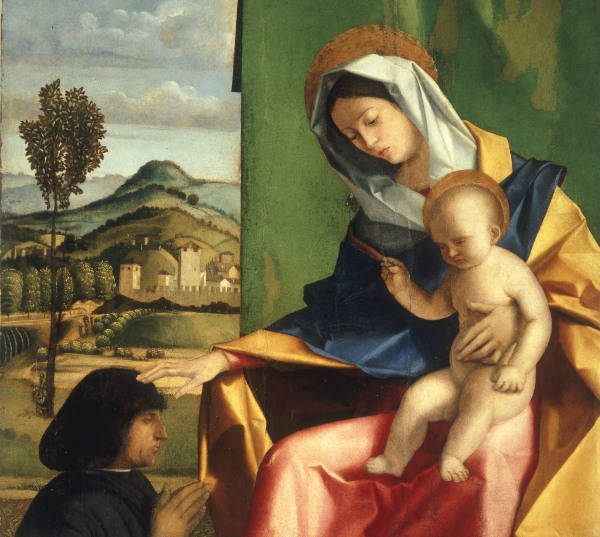 Pennacchi, Pier Maria 1464 - 1514/15. ''Mary with the Child and a donor''. Oil on wood. Venice, Ca'' a 