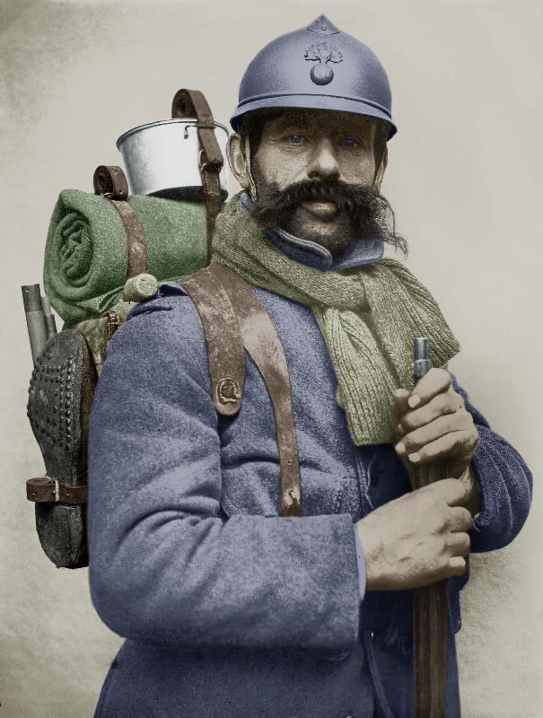 Portrait of a French soldier dressed with his sky blue military uniform and carrying a backpack, wit a 