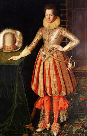 Portrait Of A Gentleman, Full Length, In A Doublet Embroidered With Flower Motif, Lace Ruff And Cuff a 