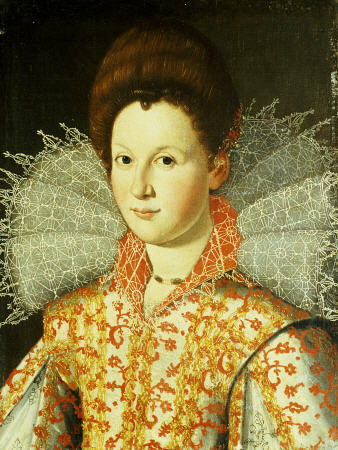 Portrait Of A Lady, Bust Length, Wearing An Embroidered Dress With Lace Ruff Collar a 