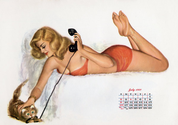 Pin up with a cat playing with phone wire, from Esquire Girl calendar a 