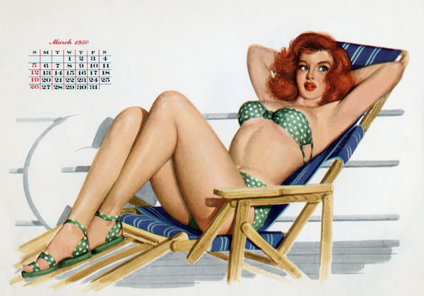 Pin up in bikini on a deckchair on a boat, tanning, from Esquire Girl calendar a 