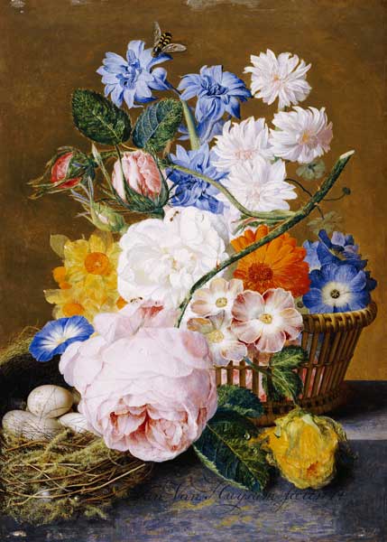 Roses, Morning Glory, Narcissi, Aster And Other Flowers In A Basket With Eggs In A Nest On A Marble a 