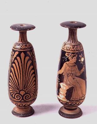 Red-figure alabastrons, one depicting a female figure seated on a rock, Greek (pottery) a 