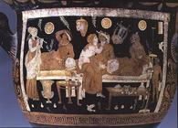 Red and white figure calyx crater: detail depicting banquet scene, Greek (pottery) (detail of 85012)