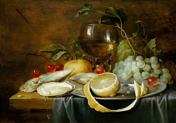 A Roemer, A Peeled Half Lemon On A Pewter Plate, Oysters, Cherries And An Orange On A Draped Table a 