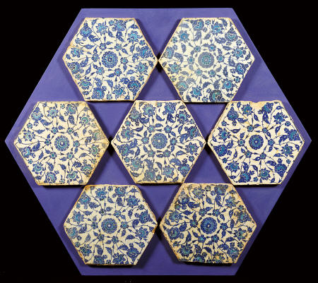 Seven Iznik Blue And White Hexagonal Pottery Tiles, Circa 1540 a 