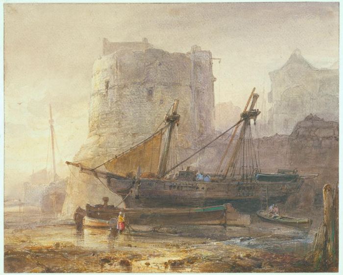 Ships at low tide in a French port a 
