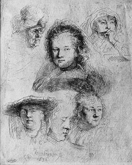 Six heads with Saskia van Uylenburgh (1612-42) in the centre a 