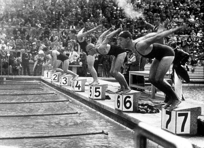 swimming competition at berlin Olympic Games: here swimmers diving in swimmming pool a 