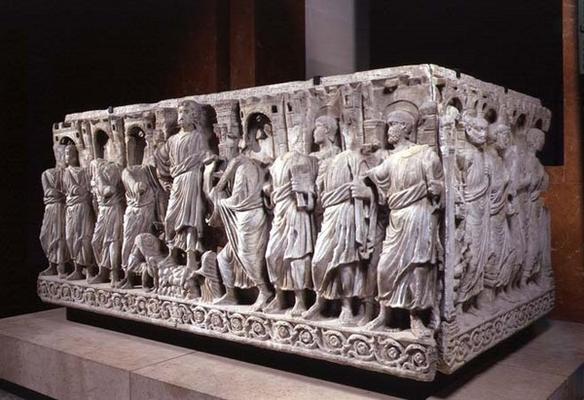 Sarcophagus depicting Christ and the Apostles, Roman (marble) a 
