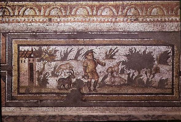 Scene of a goatherd with his goats, detail of the border from a mosaic pavement depicting the season a 