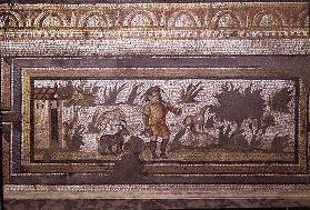 Scene of a goatherd with his goats, detail of the border from a mosaic pavement depicting the season