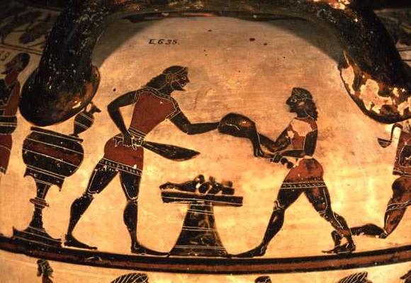 Servants Preparing Food for a Symposium, detail from an Early Corinthian black-figure column-krater, a 