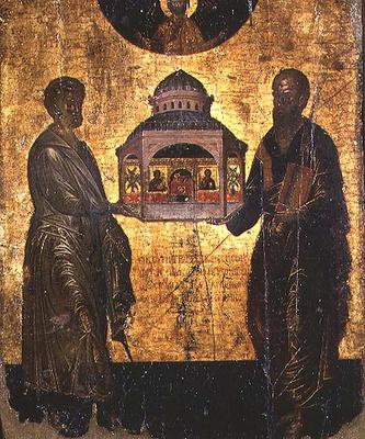 St. Peter and St. Paul presenting God with a Temple, icon, Veneto-Cretan school, 15th century (tempe a 
