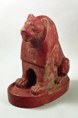 Statuette of a Lion seated on a plinth, from the temple precinct at Hierakonpolis, Egyptian, late Pr a 