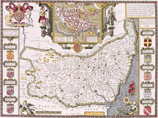 Suffolk and the situation of Ipswich, engraved by Jodocus Hondius (1563-1612) from John Speed's 'The a 