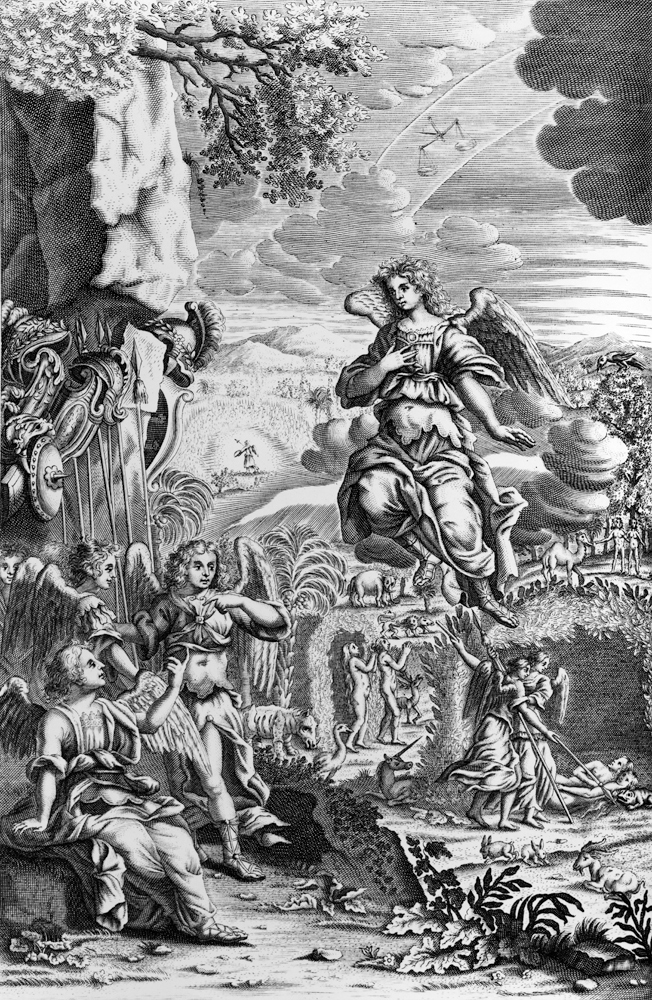 The archangel Uriel informs Gabriel that Satan is in the Garden of Eden, illustration from ''Paradis a 