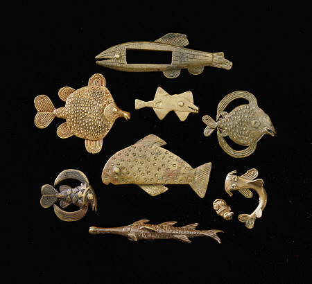 Thirty-Six Akan Brass Goldweights Cast As Fish In Varying Forms a 