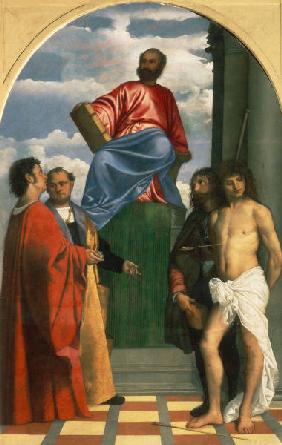 Titian, orig.Tiziano Vecelli(o) c. 1488/90-1576. ''St.Mark on the Throne with Saints Cosmas, Damian,