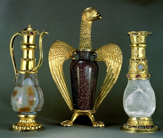 Three liturgical vessels incorporating antique vessels of sardonyx, porphyry and crystal set in 12th a 