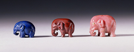 Three Miniature Elephant Figures Carved From Lapis Lazuli, Jasper And Rhodonite a 