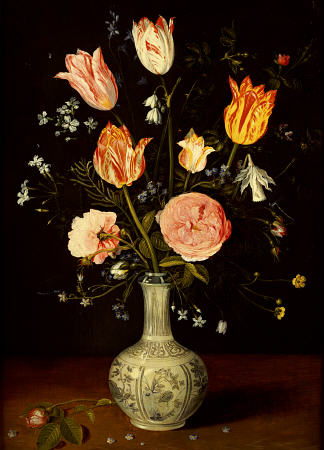 Tulips, Roses,  Forget-Me-Nots And Other Flowers In A Late Ming Blue And White Vase a 