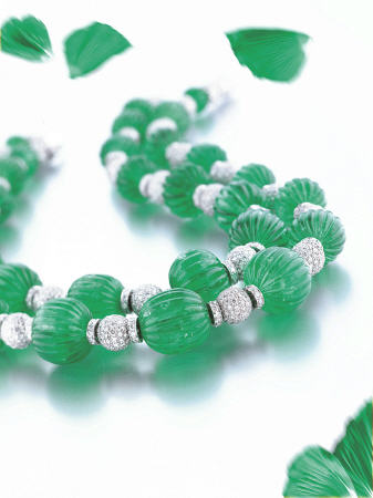 Two Magnificent Fluted Emerald Bead And Diamond Necklaces Comprising Seventeen And Fifteen Fluted Em a 