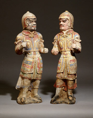 Two Very Rare Gilt And Polychrome Painted Pottery Figures Of Warriors a 