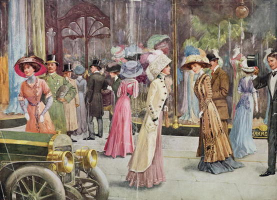 The Exterior of Harrod's Department Store, Fashion Plate, 1909 (chromolitho) a 