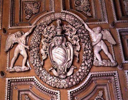 The 'Galleria', detail of stucco ceiling decorated with the coat of arms of the Sacchetti marquises, a 