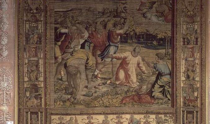 The Stoning of St. Stephen, detail from the Brussels Tapestries, replica of Raphael's Vatican series a 