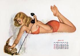 Pin up with a cat playing with phone wire, from Esquire Girl calendar